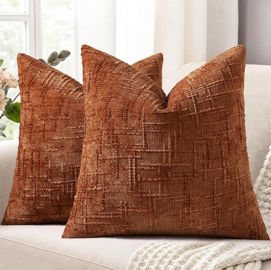 decorUhome Fall Rust Chenille Throw Pillow Covers 20x20 Set of 2 Thick Textured Slubby Couch Pillow Covers Farmhouse Accent Modern Neutral Decorative Pillow Cases for Bed Sofa Living Room