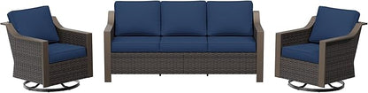 3 Pieces Outdoor Patio Conversation Furniture Set - 75" 3-Seat Sofa | 2 Swivel Glider Rocker Chairs | Wicker End Table, Rattan Couch, Metal armrests, Deck (Navy Blue)