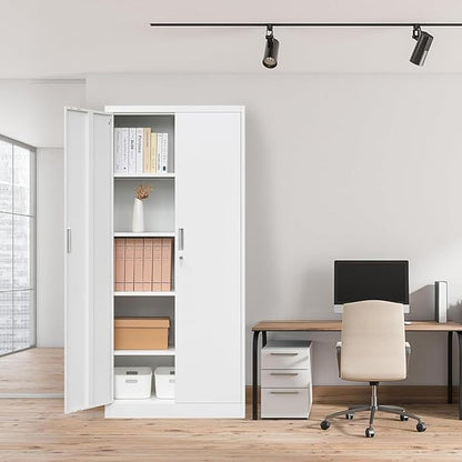 BESFUR Metal Cabinet with 5 Adjustable Shelves and 2 Doors, Locking Storage Cabinet for Garage, Classroom and Office -White