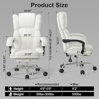 Big and Tall Office Chair, Executive Home Office Desk Chair, Leather Computer Chair with Retractable Footrest, Adjustable Headrest and Reclining Height, Padded Arms, 360°Swivel Free, Wide Seat, White