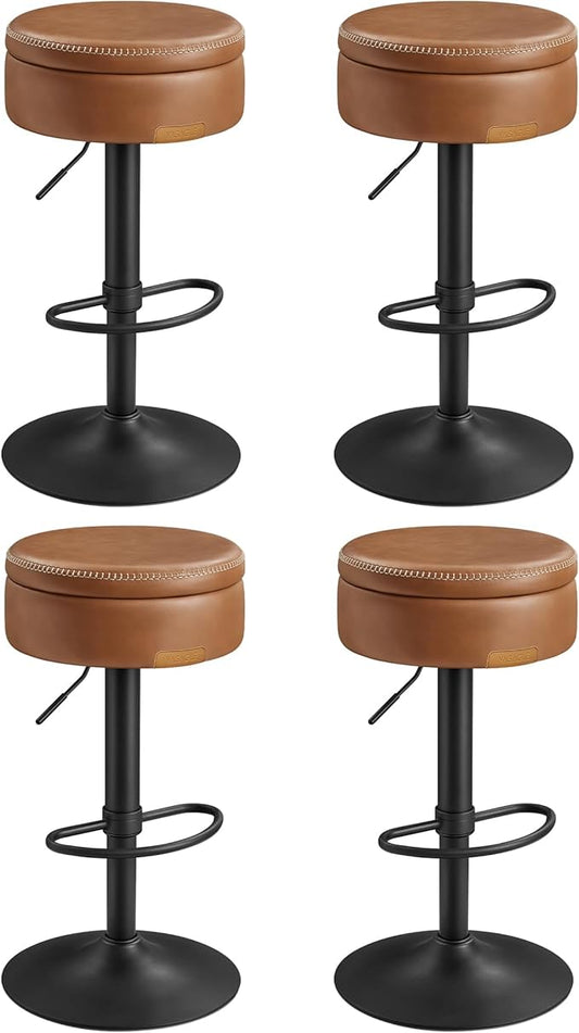 VASAGLE EKHO Collection - 360° Swivel Bar Stools Set of 4, Height Adjustable Barstools with Storage, Synthetic Leather with Stitching, Mid-Century Modern, Kitchen Bar, Easy Assembly, Caramel Brown