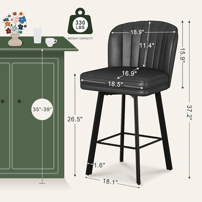 Swivel Counter Height Bar Stools Set of 6, 26'' Modern Barstools with Backs and Metal Legs, Upholstered Bar Chairs, Faux Leather Black Stools for Kitchen Island Chairs