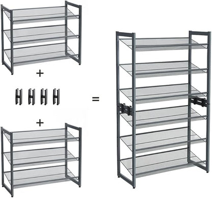 SONGMICS Shoe Rack, 3-Tier Shoe Organizer, Metal Shoe Storage for Garage, Stackable Shoe Shelf, with Adjustable Flat or Angled Shelves, 9-12 Pairs, Charcoal Gray ULMR03GB