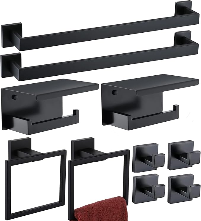 Bathroom Hardware Set Bathroom Accessories Set SUS304 Towel Bar Set Includes Towel Bar Inch+Towel Holder+Toilet Paper Holder+Towel Hook (10, Matte Black-Paper Holer with Cover+Towel Ring)
