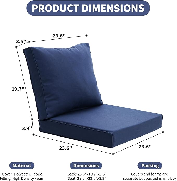 Patio Furniture Sofa Cushion Set Outdoor Living Deep Seating Cushions Thick Foam Replacement Cushion,23.6x23.6 Inch,Navy Blue