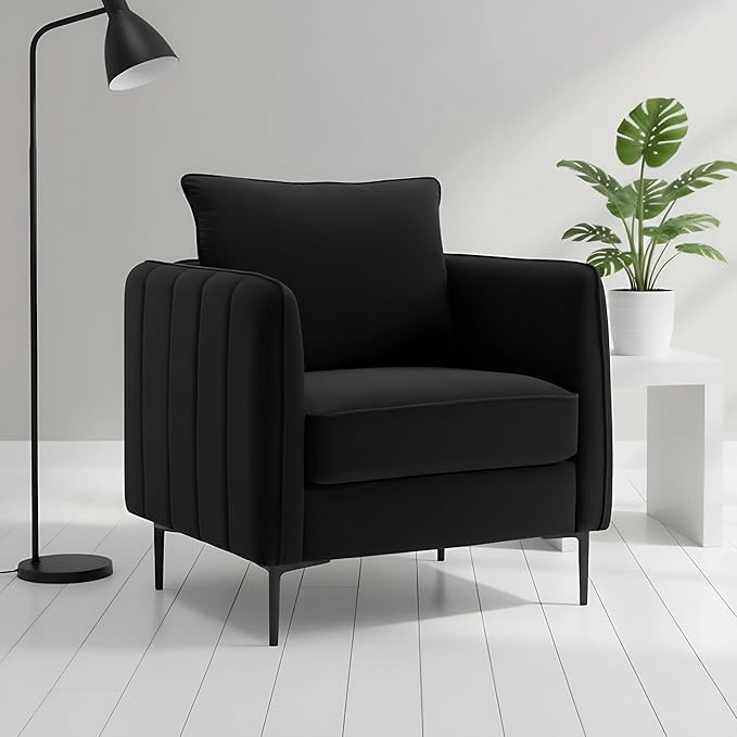 Velvet Accent Chair, Comfy Upholstered Single Sofa Chair Mid-Century Modern Armchair with Thick Cushion and Wood Frame Side Chair for Living Room Bedroom Apartment (Black)