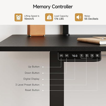 ONBRILL Standing Desk with 2 Adjustable Monitor Shelves, 63 x 24 Inches Electric Stand Up Desk with Memory Controller and Adjustable Height from 28-46 inches for Computer Workstations, All Black