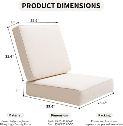 Outdoor Seat Cushions Set for Patio Furniture Deep Seating Patio Cushion Set Weather-Resistant Thick Cushions 25.6" W x 25.6" D x 5” T,Creamy White