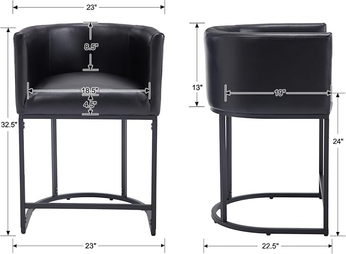 PU Leather Bar Stools, Modern Upholstered Counter Height Bar stools 24" Leather Barstools Barrel Kitchen Counter Island Stools with Black Metal Base, Black