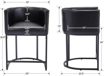 PU Leather Bar Stools, Modern Upholstered Counter Height Bar stools 24" Leather Barstools Barrel Kitchen Counter Island Stools with Black Metal Base, Black