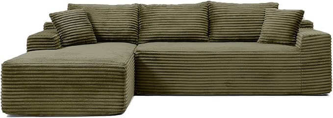 108 Inch Cloud Sectional Couch,Modern Modular Sectional Sofa with Deep Seat,Corduroy Boneless Couches with L-Shape Chaise for Living Room,No Assembly Required (Green, Left Facing Chaise)