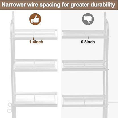 3-Tier Over The Toilet Storage, Bathroom Organizer, Space-Saving, Above Toilet Storage Rack with 4 Hooks and Paper Holder, Metal Shelf, White