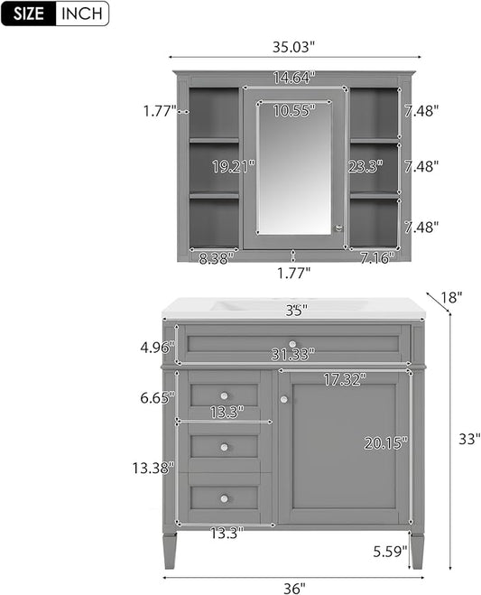 36" Bathroom Vanity with Matching Medicine Cabinet, Modern Sink Storage Cabinet with Drawers, Soft Closing Doors and Shelf, Bathroom Vanities with Sink & Mirror
