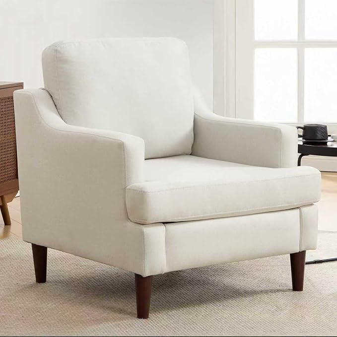 Mid-Century Accent Chair Modern Linen Fabric Armchair for Living Room,Comfy Upholstered Reading Chairs for Bedroom,Single Sofa Chair with Wood Legs (Linen Beige, Set of 1)