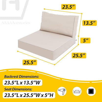 AAAAAcessories Outdoor Deep Seat Cushions, Waterproof, Fade-Resistant Patio Furniture Replacement Cushions, 23.5" x 25.5" x 5" + 23.5" x 13.5", Set of 2, Khaki Beige