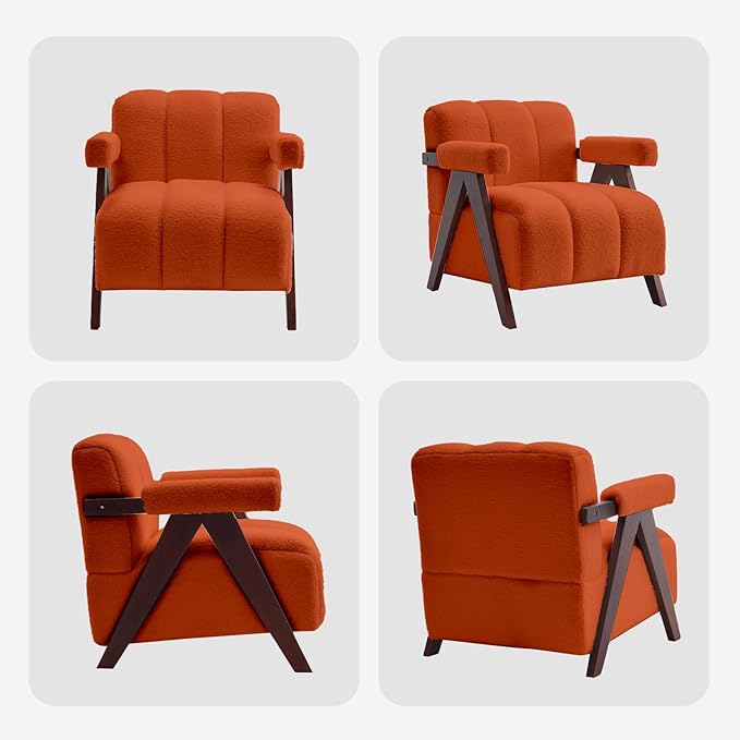 Accent Chair Mid-Century Modern with Wide Backrest for Bedroom, Upholstered Living Room Chair with Wooden, Lounge Armchair with Thick Cushion, Cute Teddy Comfy Chair, Orange