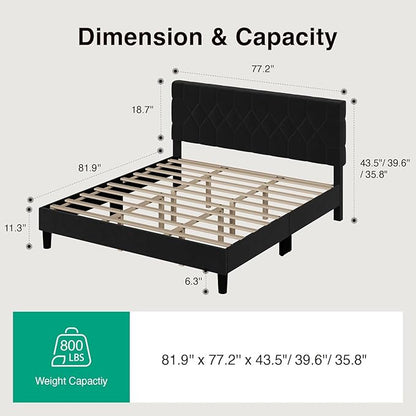Novilla King Size Bed Frame, King Bed Frame and Headboard, Velvet Upholstered Pull-Point Bed Frames, No Box Spring Needed, Heavy Duty Feet, Easy Assembly, Black Velvet