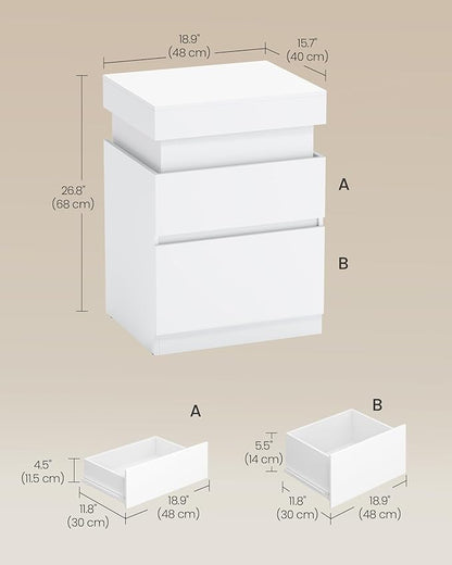 VASAGLE Kailyn Collection - Nightstand with Power Outlets, Sliding Lid, Modern Bedside Table with LED Lights, End Table, 2 Drawers, 15.7 x 18.9 x 26.8 Inches, Cloud White ULET650WB01S
