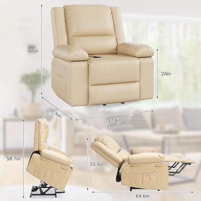 PU Leather Electric Power Lift Chair, Recliner Massage Chair with Remote Control and Side Pocket for Elderly, Power Lift Recliner Sofa with Heat and Massage for Living Room, Bedroom, Beige