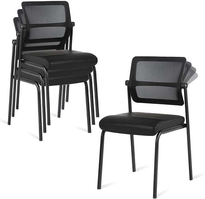 CLATINA Stacking Waiting Room Chairs, Adjustable Mesh Backrest Armless Office Guest Reception Chair with Ergonomic Lumbar Support and Leather Cushion for Conference Lobby Side School Classroom,4PK