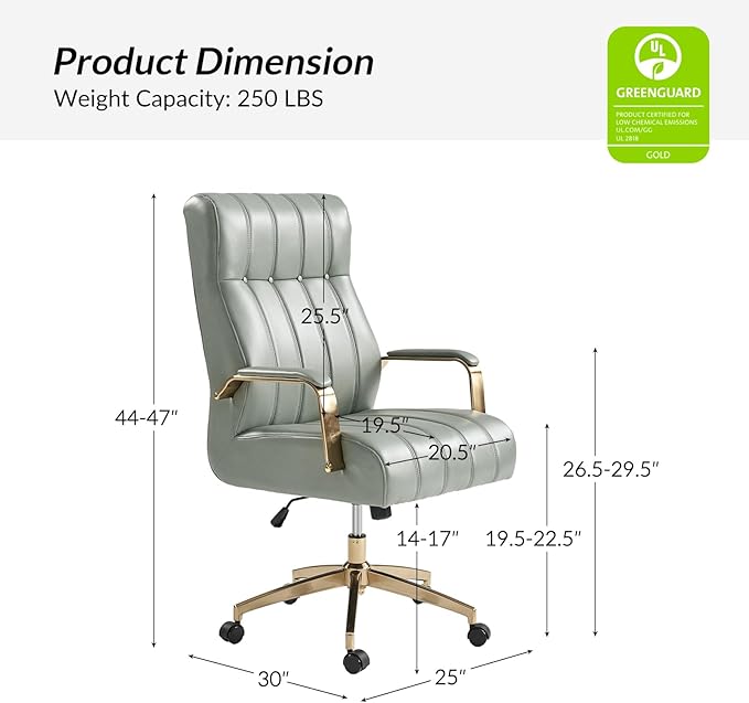 HULALA HOME Modern Executive Office Chair, Faux Leather Tufted Ergonomic Desk Chair with Gold Plated Base & Armrests, 360° Swivel Adjustable Height Tilt Home Office Chair for Work/Study