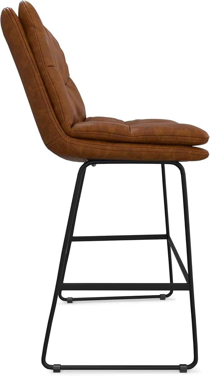 SIMPLIHOME Danika Bar Stools (Set of 2) - 29 inch Seat Height Upholstered Metal Chairs in Camel Brown Vegan Faux Leather, Mid Century Seating for Kitchen or Bar with Tufted Pillow-Top Seat