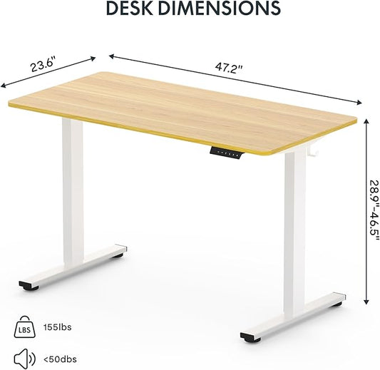 FLEXISPOT EN1 One-Piece Standing Desk 48 x 24 Inches Height Adjustable Electric Sit Stand Up Desk for Home Office (White Frame + Maple Desktop)