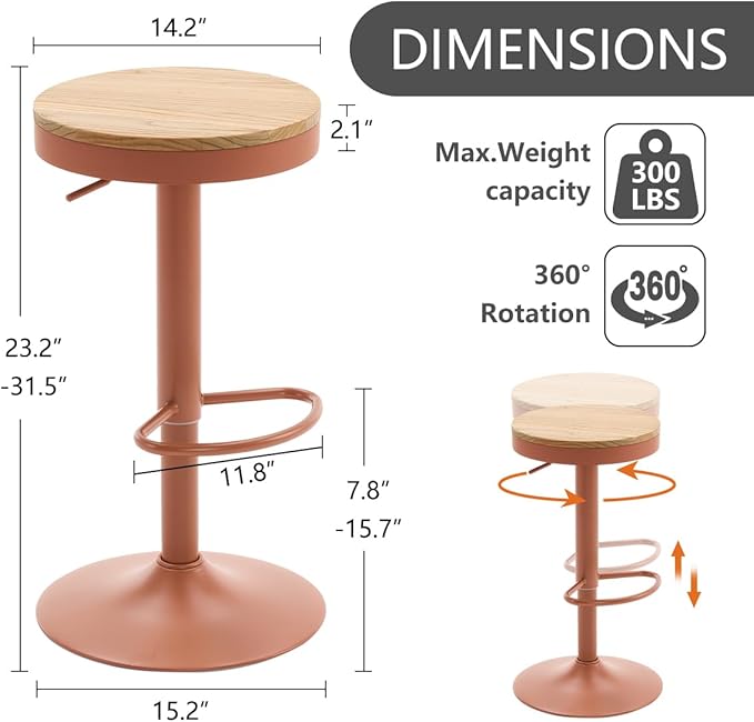 Kidol & Shellder Bar Stools Set of 6 Round Adjustable Swivel Barstools Modern Backless Bar Chairs Wooden Seat Counter Height Stools Armless for Kitchen Island, Cafe, Dining Room Terracotta