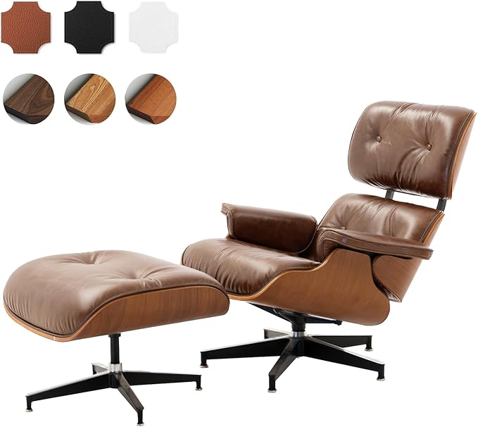 Top Grain Leather, Mid Century Chaise Lounge Chair and Ottoman, Reading Chair, Leather Accent Chair, Modern Chair, Classic Design, for Living Room Lounge Office,Retro Aged Leather, Walnut