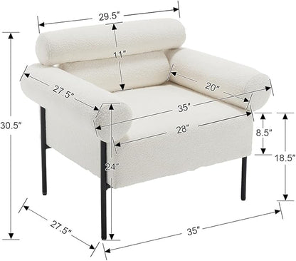 Modern Accent Chair, Boucle Sofa Accent Chair for Living Room, Upholstered Sherpa Mid-Century Modern Armchair, Oversized Reading Chair with Channel Tufted for Bedroom, Office, White