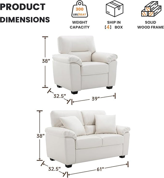Morden Fort Faux Leather Chair and Loveseat Set, Modern Luxury Furniture with Removable and Easy to Clean Cushions, Skin-Friendly Wide Arm for Living Room Apartment Office Lounge, White