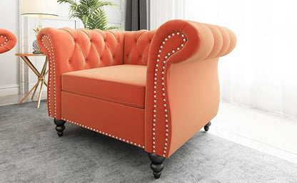 Living Room Chair, Modern Velvet Chesterfield Sofa Chair, Mid Century Single Sofa Couch Chair with Tufted Back and Rolled Arms, Accent Sofa Chair for Living Room Apartment, Orange