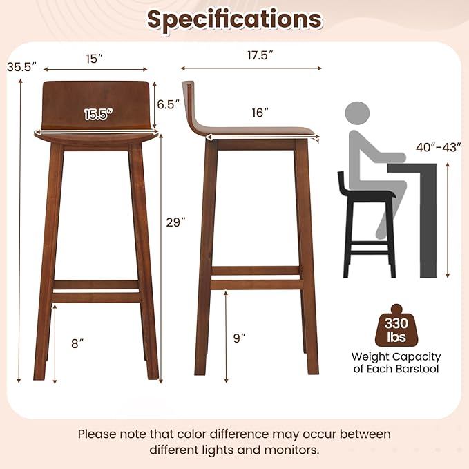 COSTWAY Solid Wood Bar Stools Set of 2, 29-inch Counter Height Chairs with Low Back and Footrest, Farmhouse Wooden Armless Barstools for Kitchen Island, Dining Room, Cafe, Breakfast, Brown