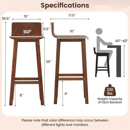 COSTWAY Solid Wood Bar Stools Set of 2, 29-inch Counter Height Chairs with Low Back and Footrest, Farmhouse Wooden Armless Barstools for Kitchen Island, Dining Room, Cafe, Breakfast, Brown