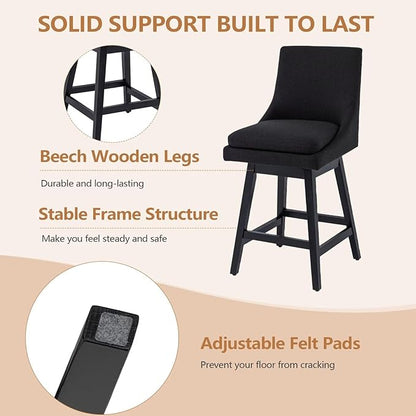 Bar Stool, 26 Inch Upholstered Barstools with 14.2" High Back and Footrest, Swivel Counter Height Barstools for Kitchen Island Home Bar Performance Fabric Black