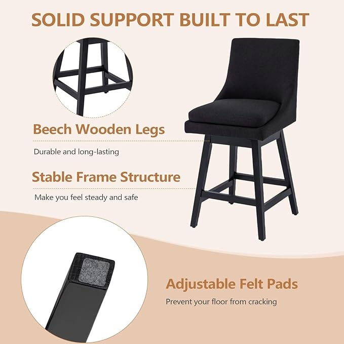 Bar Stools Set of 2, 26 Inch Upholstered Barstools with 14.2" High Back and Footrest, Swivel Counter Height Barstools for Kitchen Island Home Bar Performance Fabric Black