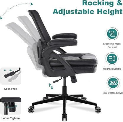 Big and Tall Office Chair, 500lbs Mesh Heavy Duty Ergonomic Desk Chair with Flip-up Armrests, Plus Size Wide Seat in PU Leather, 360 Swivel Computer Executive Task Chair for Home Office (Black)