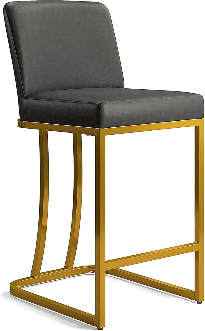 MAISON ARTS Counter Height Bar Stools with Back for Kitchen Counter, 24 Inch Modern Upholstered Faux Leather Barstools Farmhouse Bar Chairs Luxury Island Stools Support 330LBS, Grey & Gold