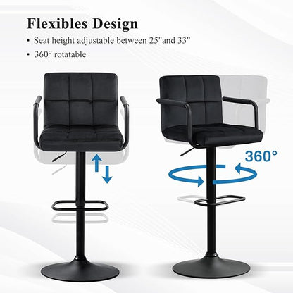 Furniliving Adjustable Barstools with Back, Black bar stools Set of 2, Velvet 360°Swivel Bar Stools, Double Stitching Counter Stools for Kitchen, Bar (Black)