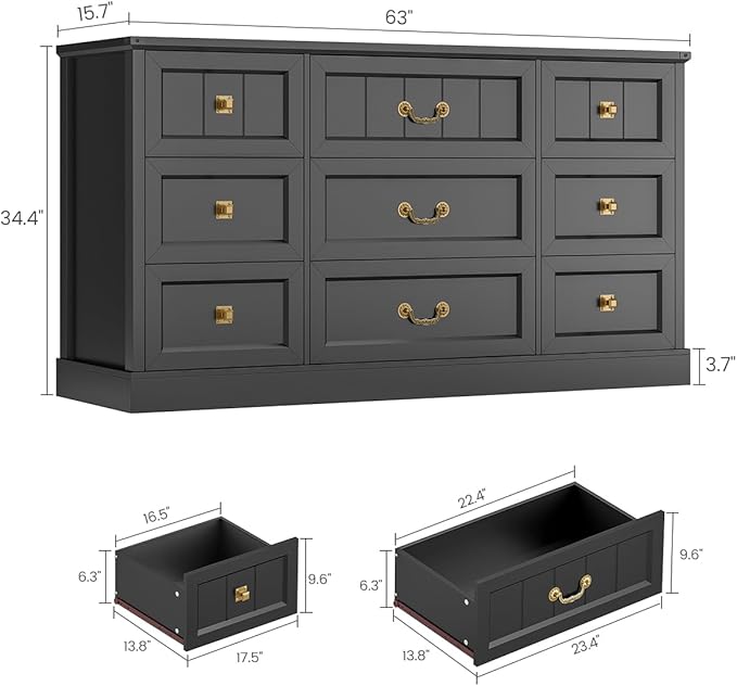 AOGLLATI Farmhouse 9 Drawers Dresser for Bedroom, 63" Wide Wood Rustic Chest of Drawers with Natural Texture, Vintage Design, Long Wide Storage Dresser for Bedroom, Black