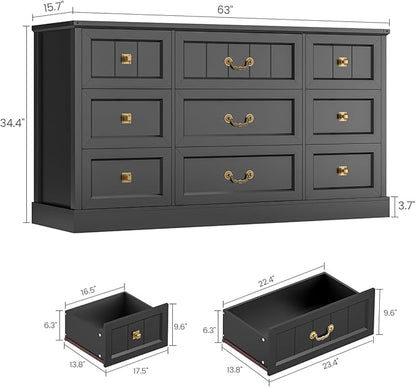 AOGLLATI Farmhouse 9 Drawers Dresser for Bedroom, 63" Wide Wood Rustic Chest of Drawers with Natural Texture, Vintage Design, Long Wide Storage Dresser for Bedroom, Black