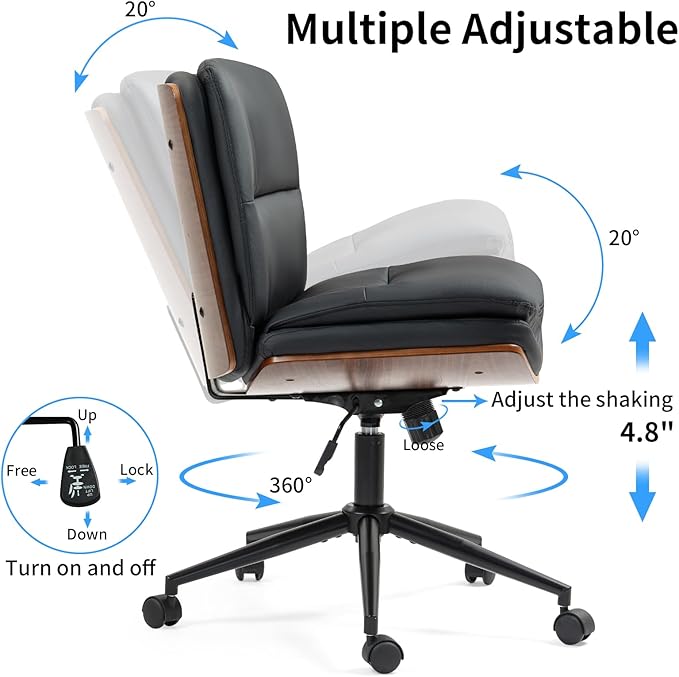 Armless Modern Walnut Office Desk Chair with Wheels, PU Leather Adjustable Wide Swivel Task Chair, Ergonomic Cross Legged Computer Chair for Conference Room, Home Office (Black)