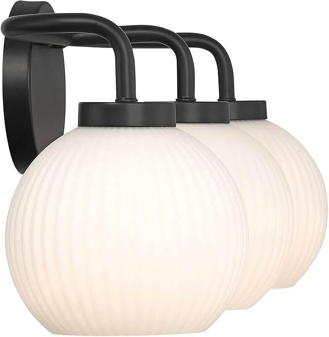 Possini Euro Design Nadia 24" High Modern 3 Light Bathroom Vanity Wall Lamp Light Fixture Mount Over The Sink Mirror Hardwired Cordless Black Milk Glass Shade