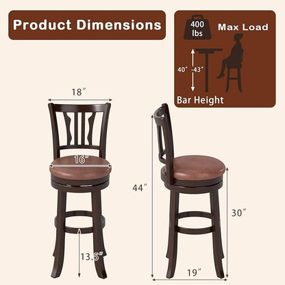 COSTWAY 30" Bar Height Stools Set of 2, Swivel High-Top Chairs with Backrest & Faux Leather Padded Seat, Rubber Wood Counter Barstools with Footrest for Kitchen Islands, Dining Room, Pub (2,30'')