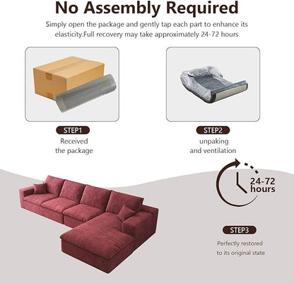 136.6'' L-Shaped Modern Modular Sectional Cloud Couch, 4-Seat Chenille Deep-Seat Sofa with Pillow for Living Room, Bedroom, Apartment, Wine Red