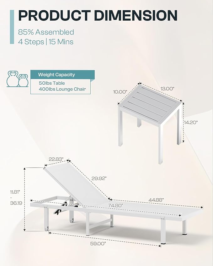 Pool Lounge Chairs Set of 2，Outdoor Lounge Chairs with Wheels and 5-Position Recliner -Easy to Move- Aluminum Patio Lounge Chair for Poolside, Deck (White)