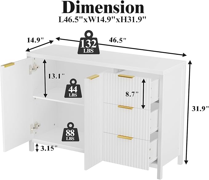 Fluted Sideboard Buffet Cabinet, 46.5" Storage Buffet Cabinet with 2 Doors & 3 Drawers, Modern Wood Sideboard Console for Living Room, Dinning Room, Kitchen, White