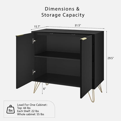 Fluted Storage Cabinet, 2 Doors Sideboard Buffet Cabinet, Modern Wood Accent Table with Adjustable Shelves, Console Table for Living Room, Hallway, Entryway, Black