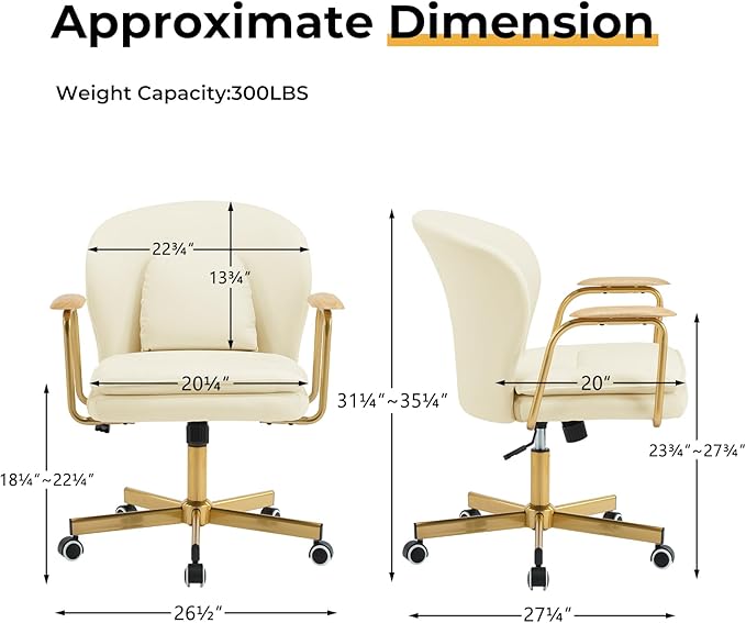Furniliving Leather Home Office Desk Chairs，Comfy Office Chair, Adjustable Swivel Computer Chair with Golden Legs and Wooden Padded Armrest, Modern Upholstered Task Chair with Wheels,Beige