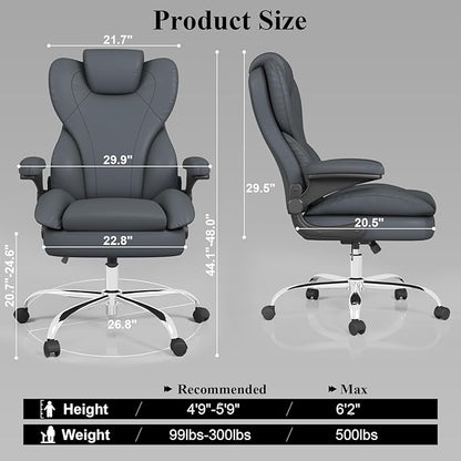 Office Desk Chair, Executive Leather Office Chair, High Back Ergonomic Home Desk Chair with Padded Flip-up Arms, Big and Tall Computer Chair with Rocking Function, 360°Swivel Free, Gray
